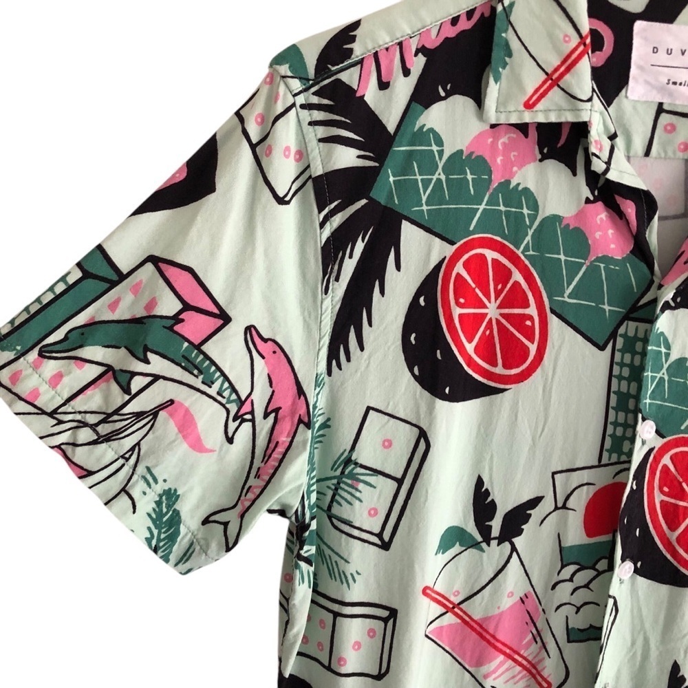 Duvin Design Shirt Short Sleeve Miami Flamingo Tropical Print Mint Green Small - Picture 4 of 9